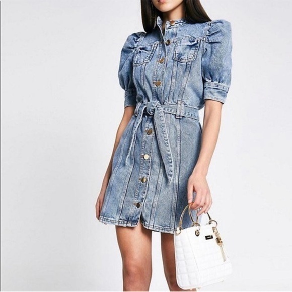 NEW River Island Denim Puff Sleeve Button Down Belted Mini Dress US Size 16 NWT - Picture 4 of 9